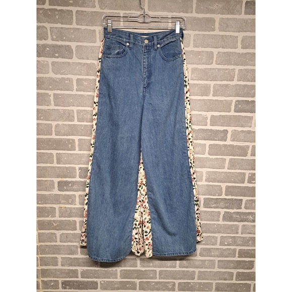 CLANE Womens Denim Floral Wide Leg High Waist Pants Bohemian Size‎ 25 - Picture 2 of 12